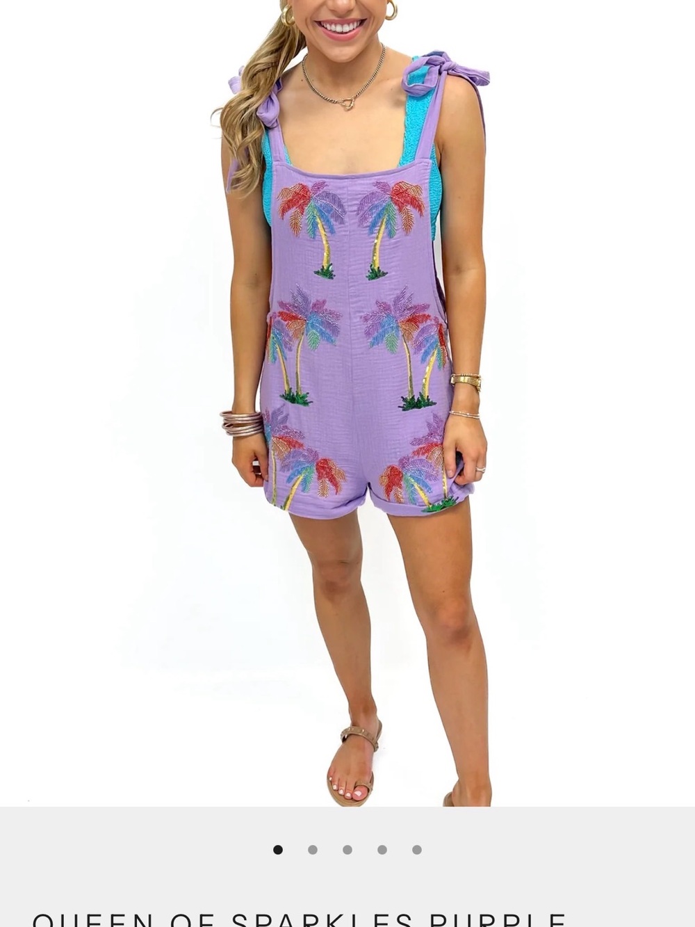 QUEEN OF SPARKLES Lavender Palm-Print Tie-Strap Romper